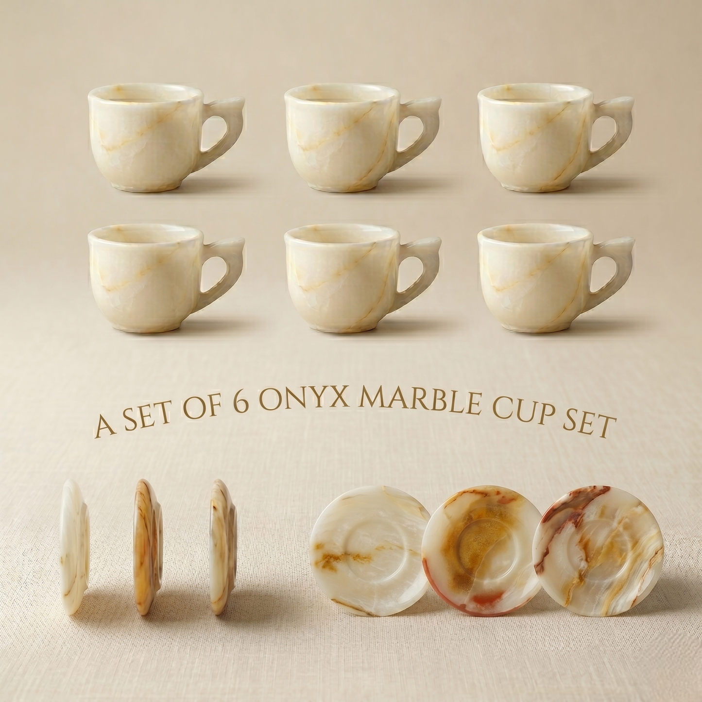 White Onyx Marble Tea & Coffee Cup Set | Set of 6 | Premium Teaware