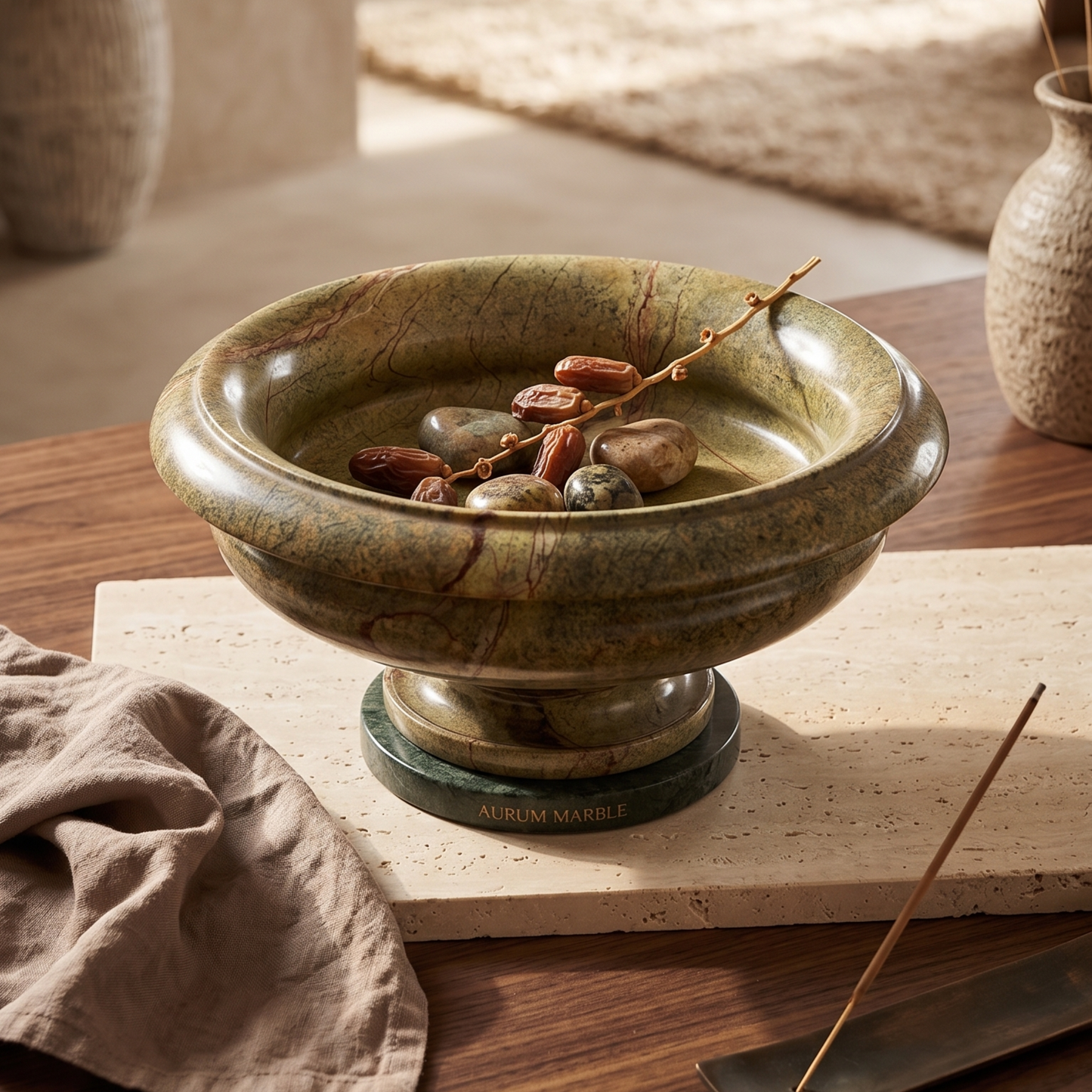 Green Marble Pedestal Bowl | 10 Inch | Tabletop Decor & Fruit Bowl