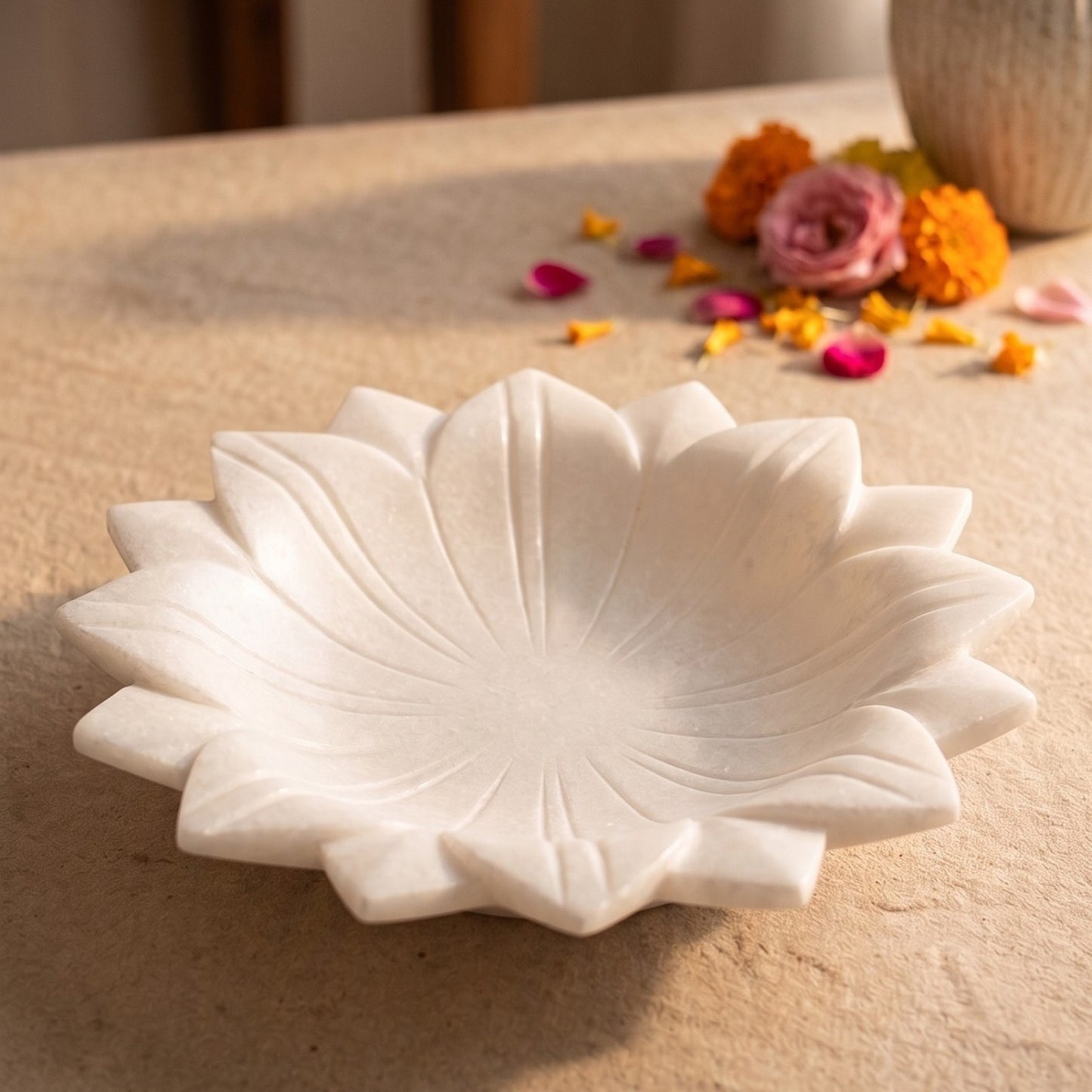 White Marble Lotus Flower Bowl | 12 inch | Decorative Urli