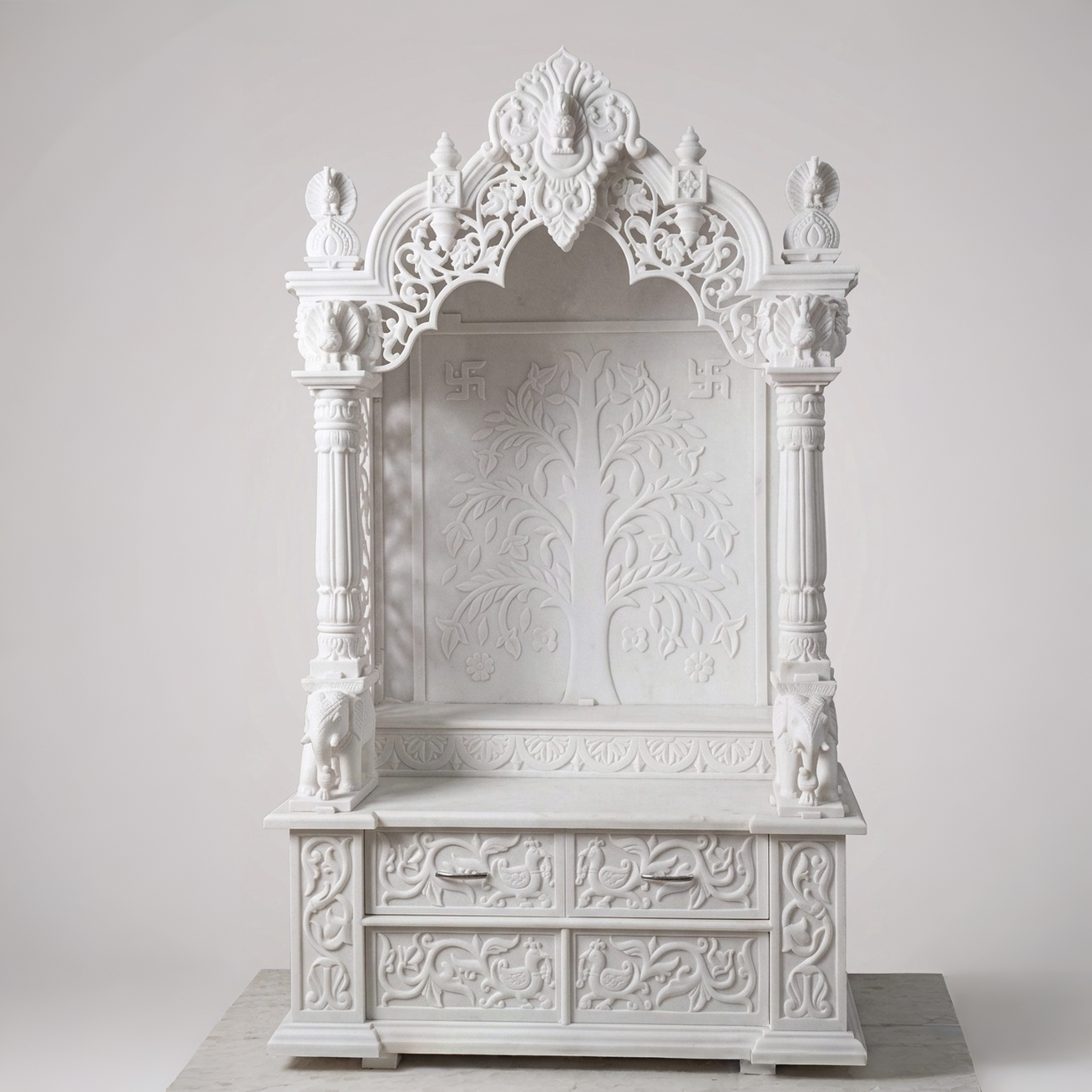 Hand-Carved Pure White Marble Pooja Mandir with Tree of Life Bas-Relief