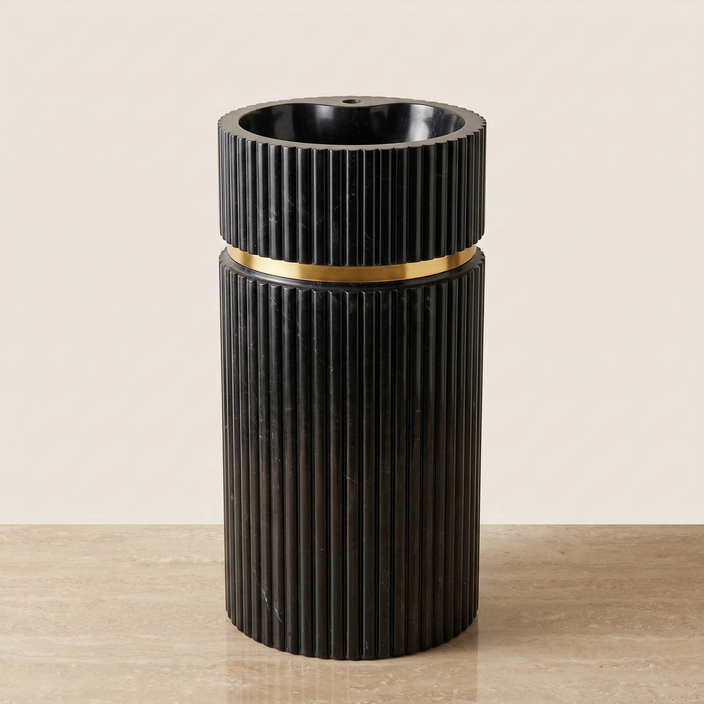 Fluted Black Marble Pedestal Washbasin | 3.5 ft Freestanding Sink