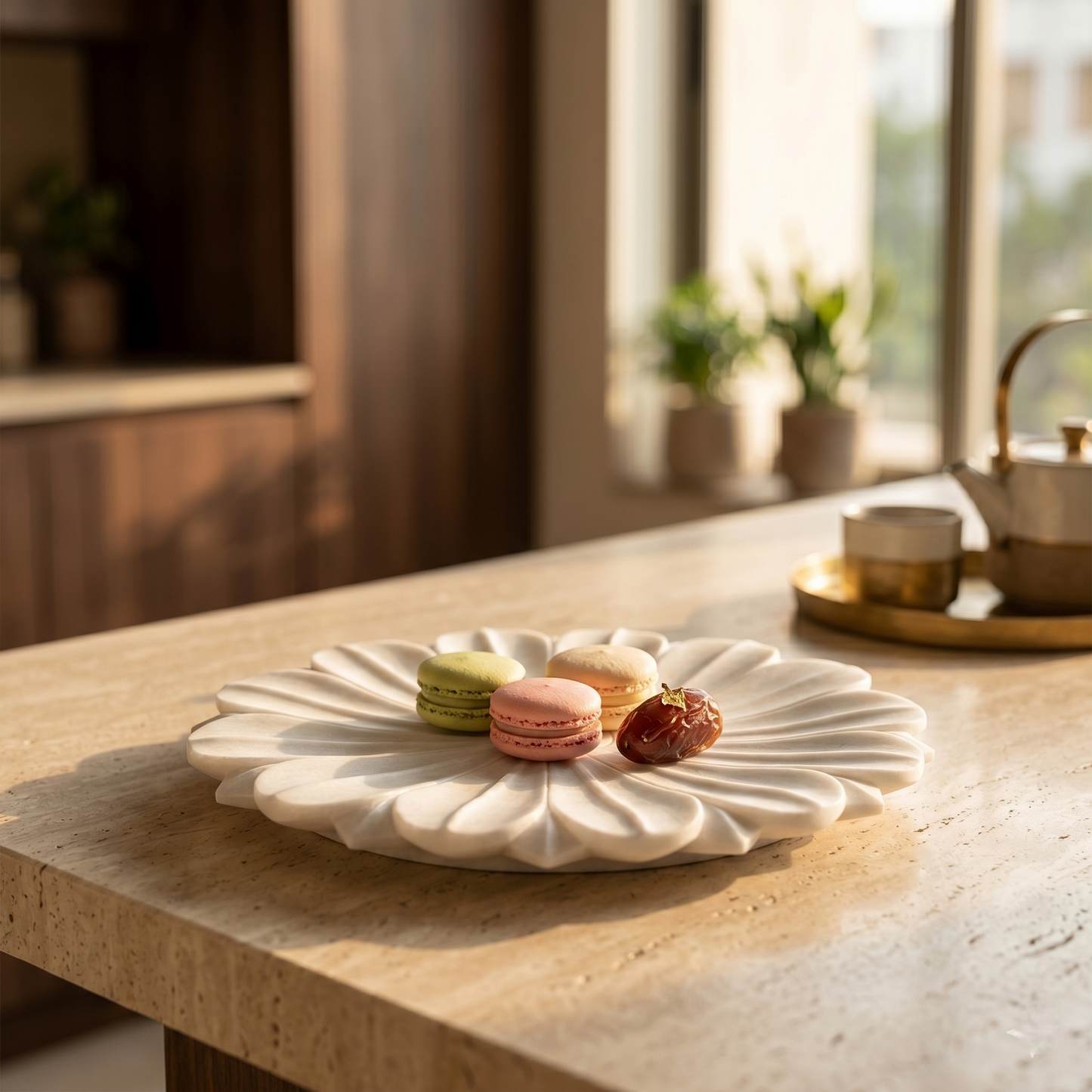 White Marble Lotus Flower Platter | 2 Feet | Decorative Centerpiece