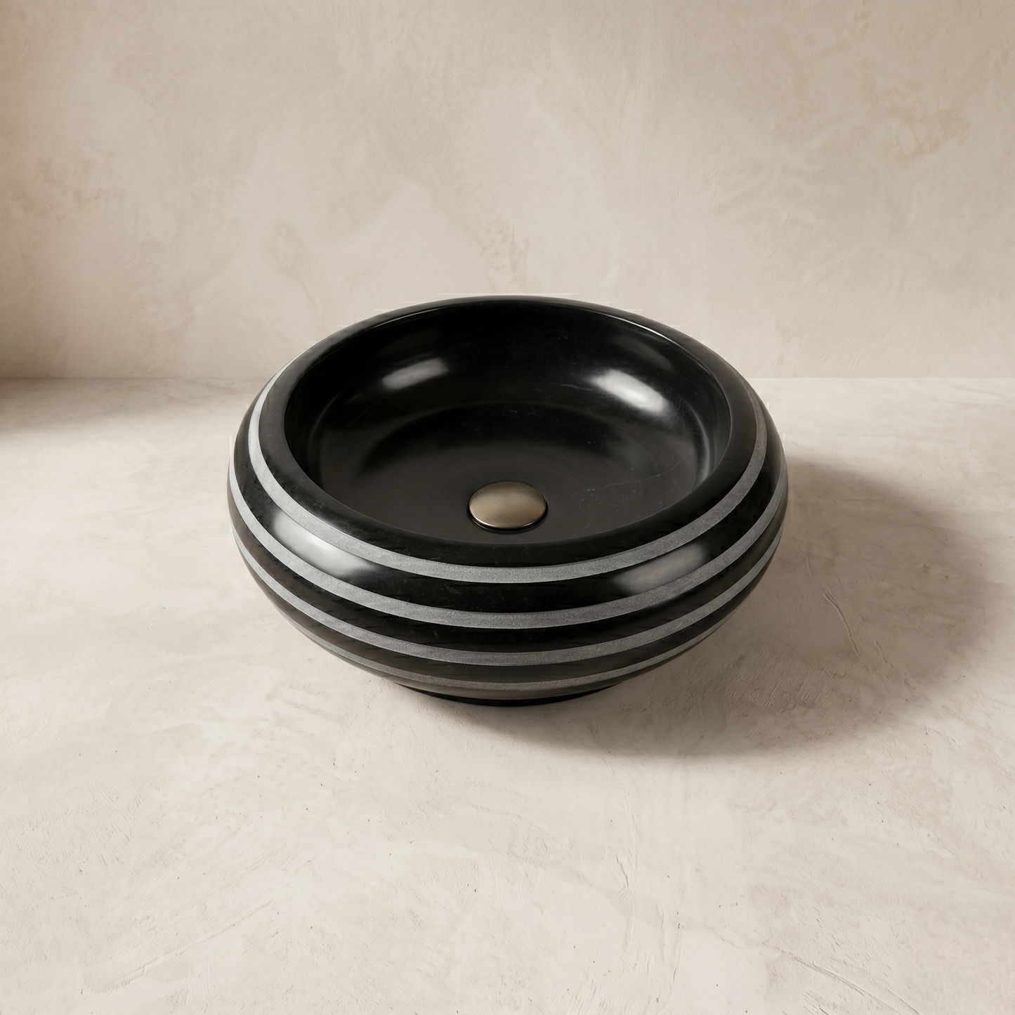 Handcrafted Black Marble Striped Vessel Sink | 15 inch Tabletop Basin