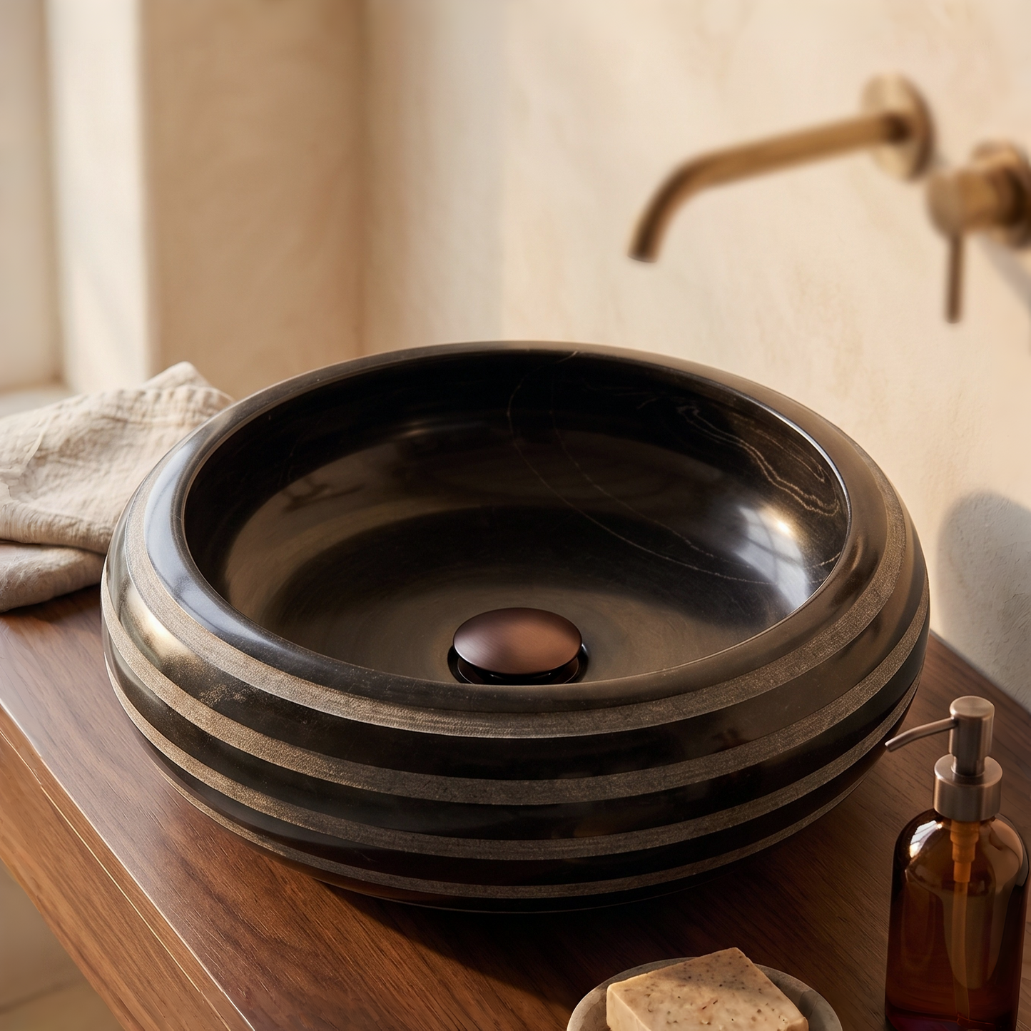 Handcrafted Black Marble Striped Vessel Sink | 15 inch Tabletop Basin