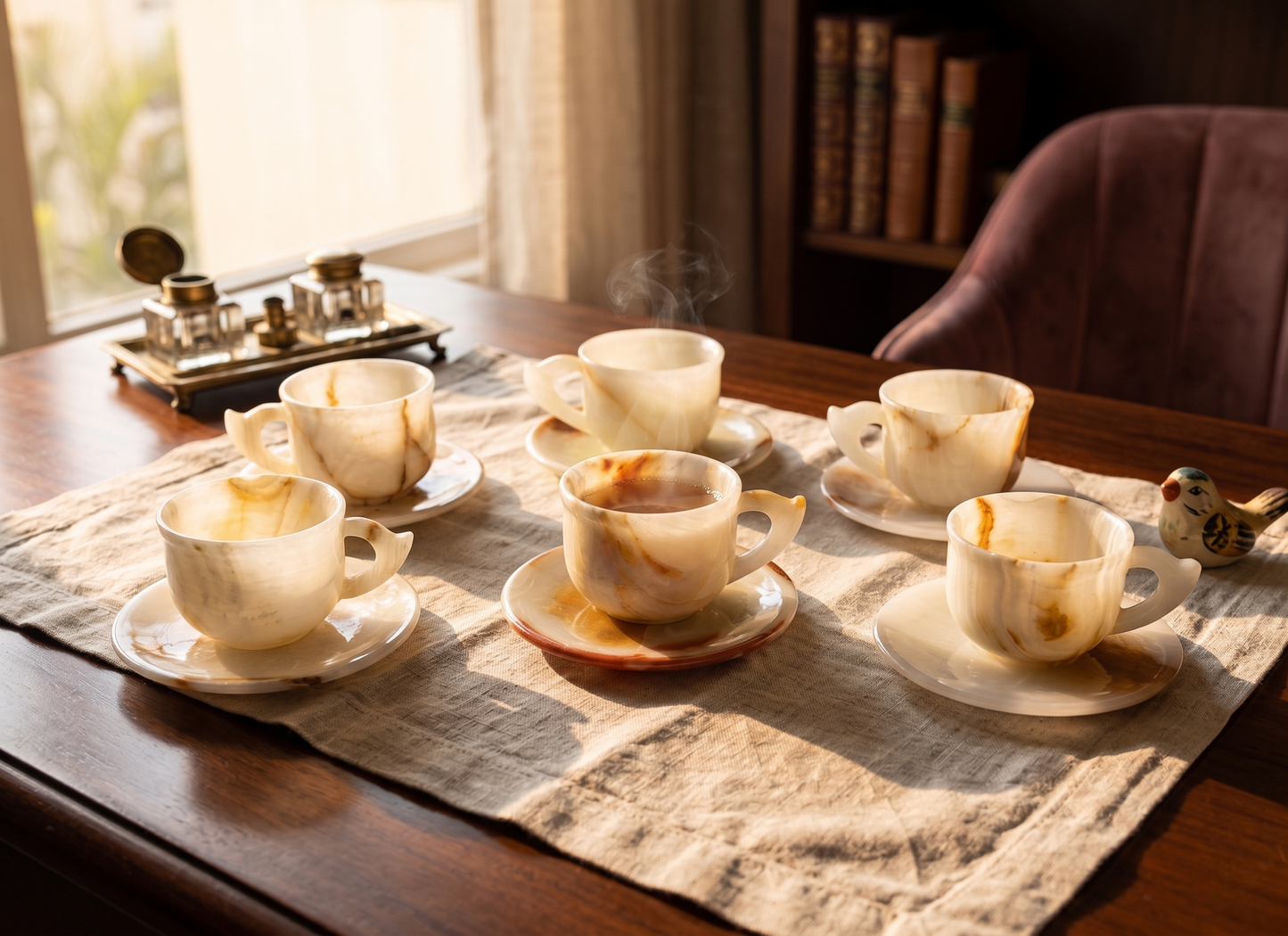 White Onyx Marble Tea & Coffee Cup Set | Set of 6 | Premium Teaware