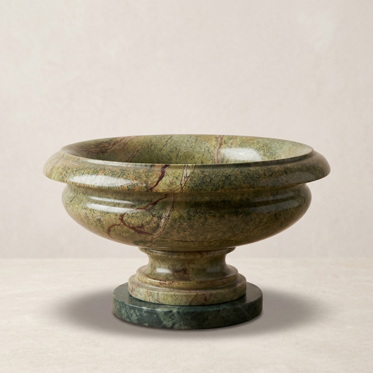 Green marble bowl on a beige background