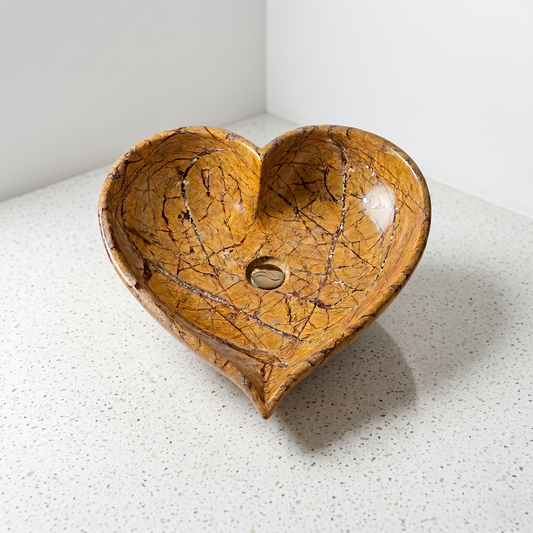 Rainforest Gold Marble Heart Vessel Sink | 15 Inch | Tabletop Basin