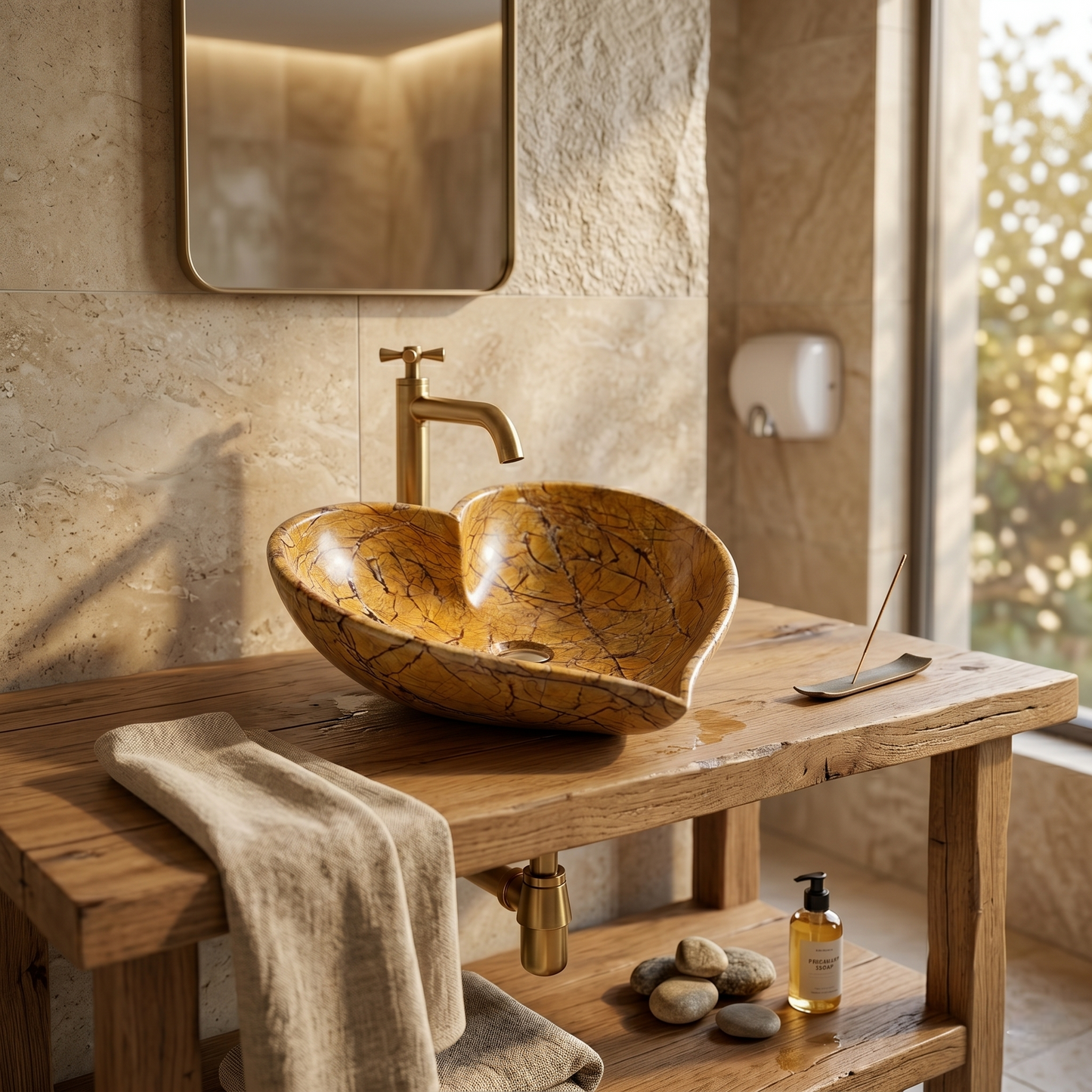 Rainforest Gold Marble Heart Vessel Sink | 15 Inch | Tabletop Basin