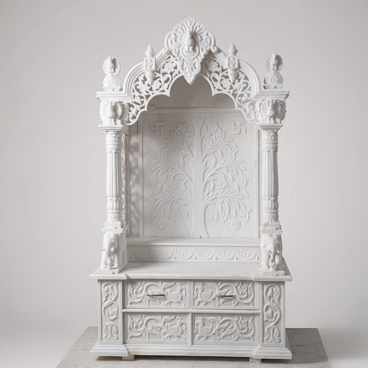 Hand-Carved Pure White Marble Pooja Mandir with Tree of Life Bas-Relief