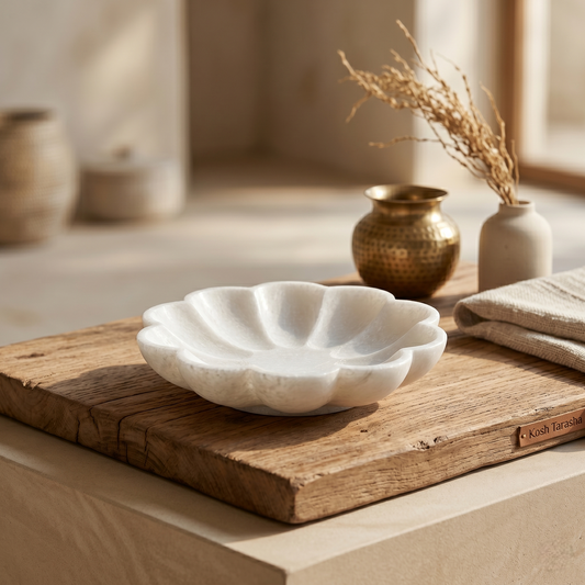 White Marble Scalloped Bowl | 9 Inch | Decorative Flower Tray
