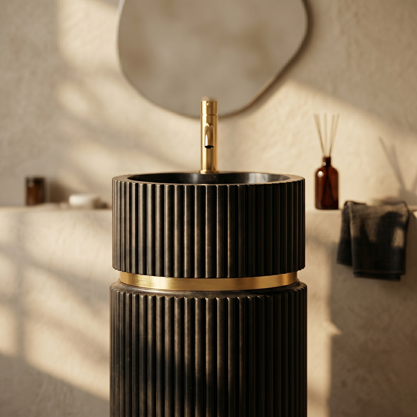 Fluted Black Marble Pedestal Washbasin | 3.5 ft Freestanding Sink