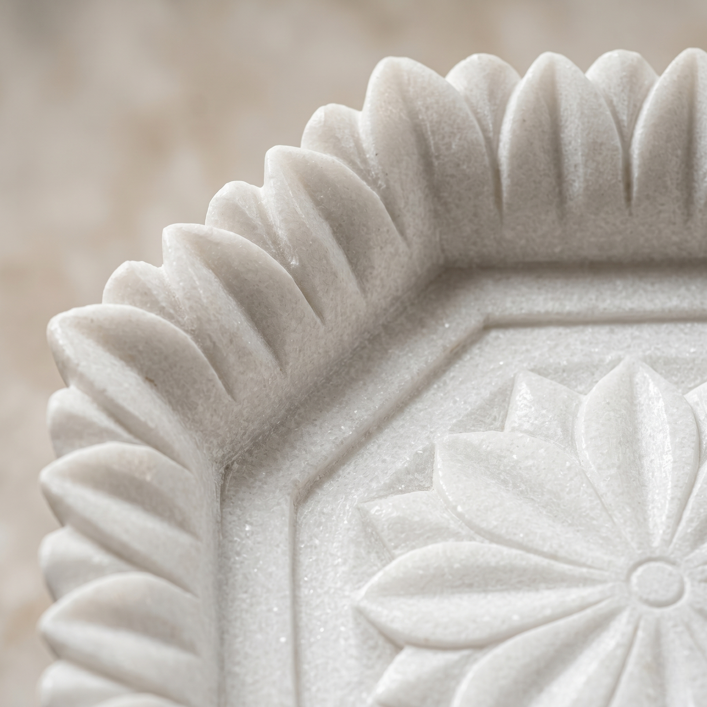 White Marble Lotus Decorative Tray | 15 Inch | Tabletop Centerpiece