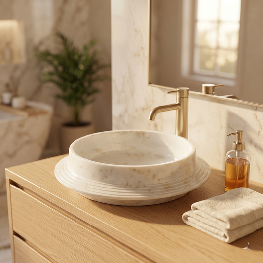 White Marble Stepped Vessel Sink | 15 Inch | Tabletop Washbasin