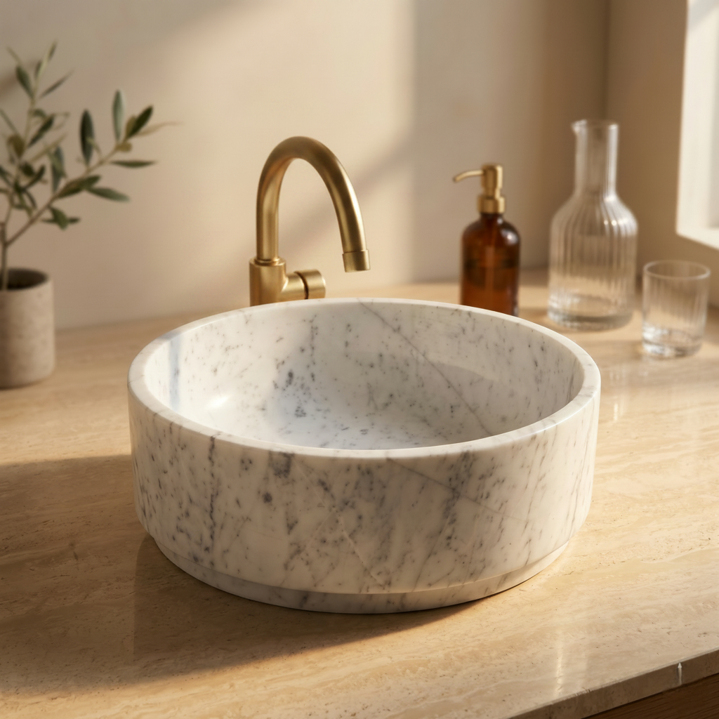 Marble basin on a wooden surface with a plant and glassware in the background
