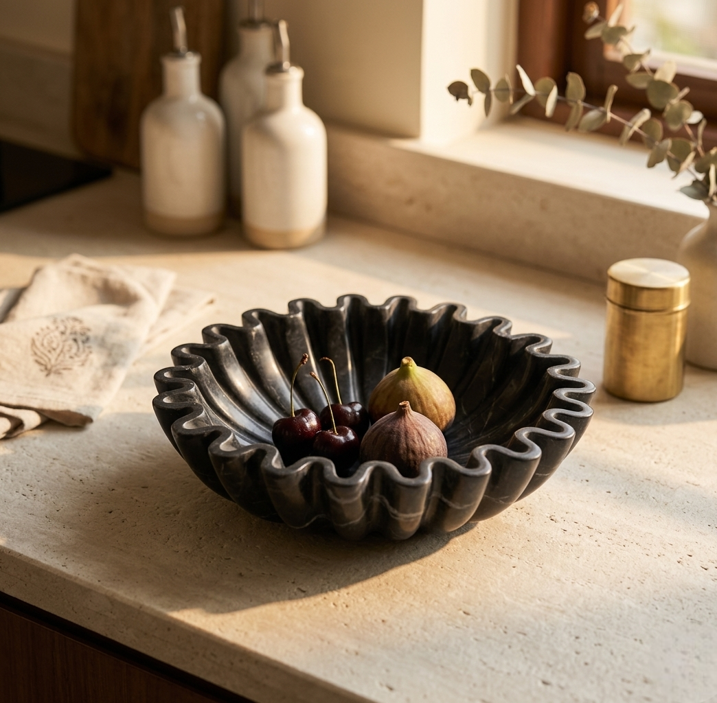 Black Marble Fluted Bowl | 9 Inch | Decorative Centerpiece