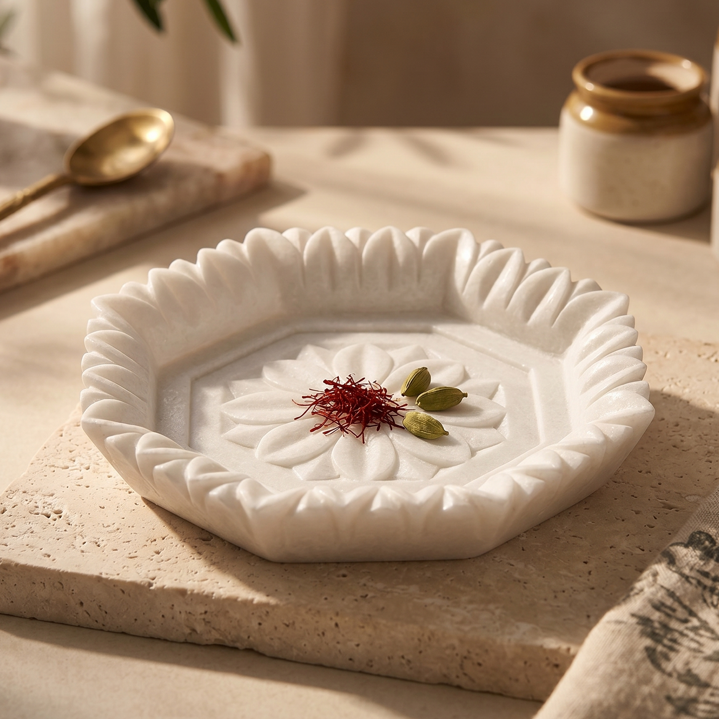 Decorative white ceramic dish with floral patterns on a stone surface.