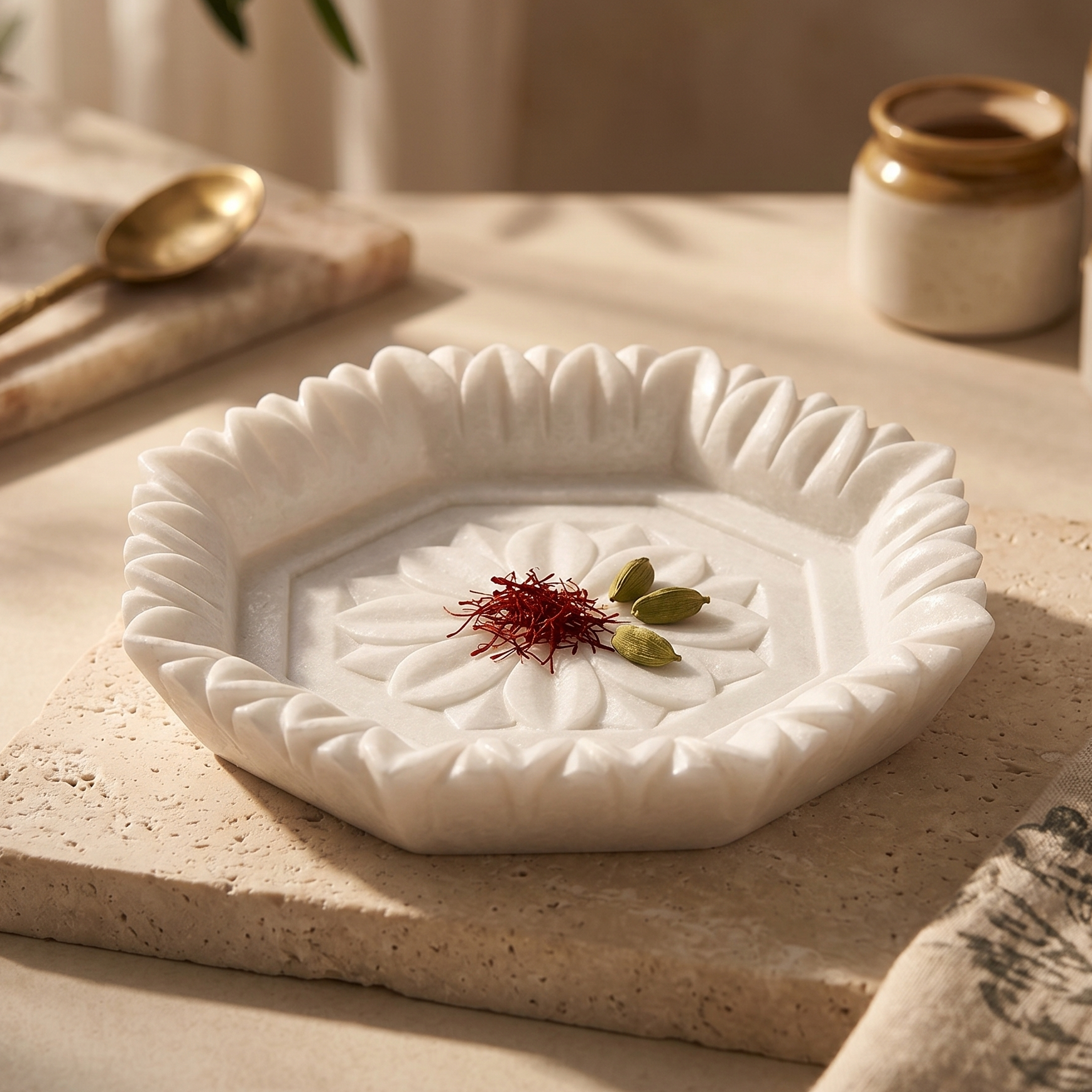 Decorative white ceramic dish with floral patterns on a stone surface.