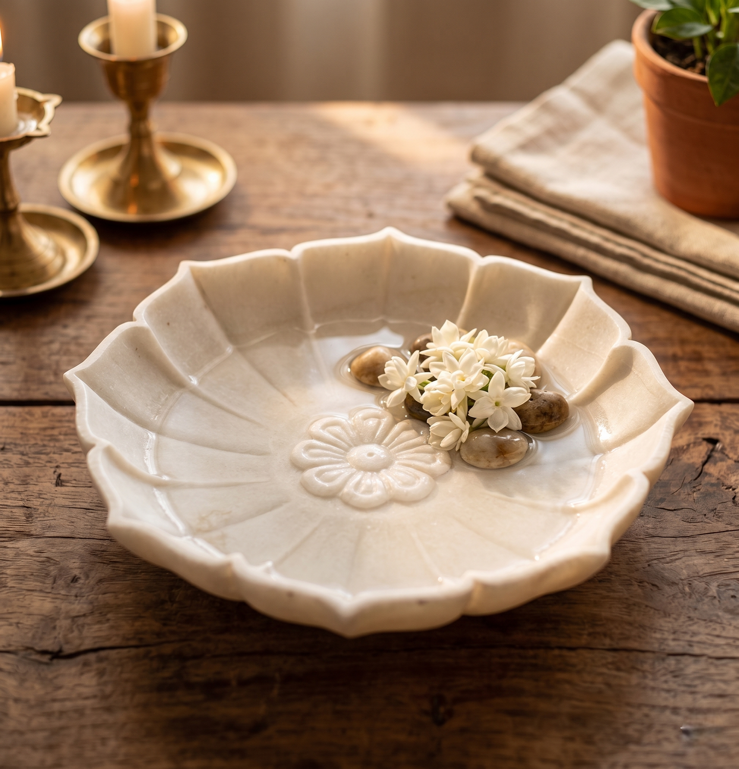 White Marble Lotus Flower Bowl | 15 Inch | Decorative Centerpiece