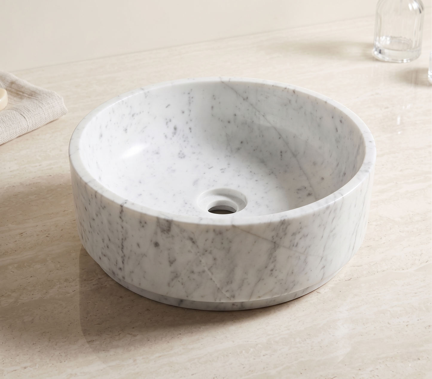 White Marble Round Vessel Sink | 15 Inch | Tabletop Basin