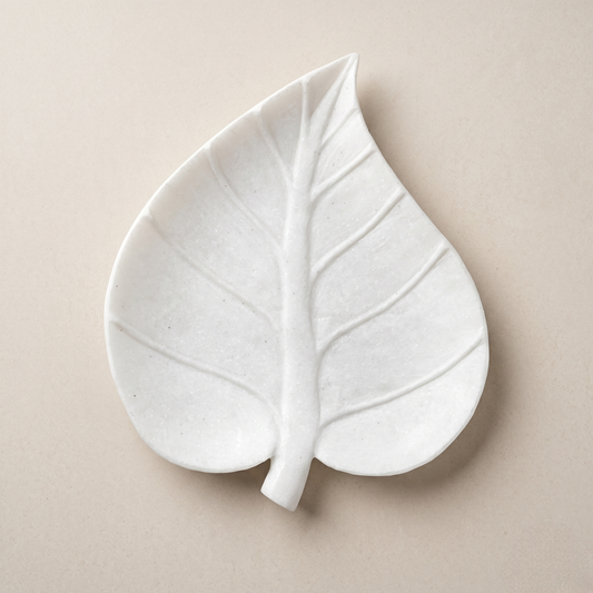White Marble Leaf Platter | 15 Inch | Decorative Serving Tray